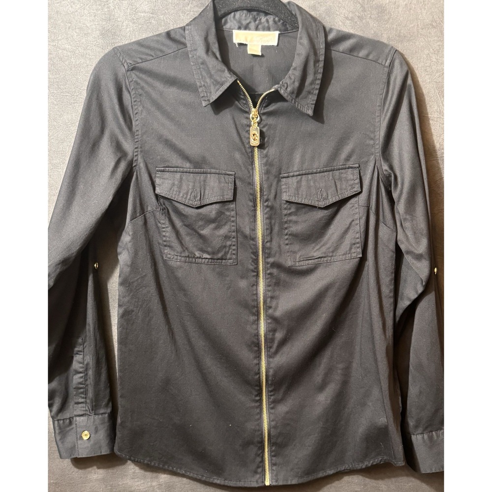 Michael Kors Zip Up Long Sleeve Top Black And Gold Size 4
